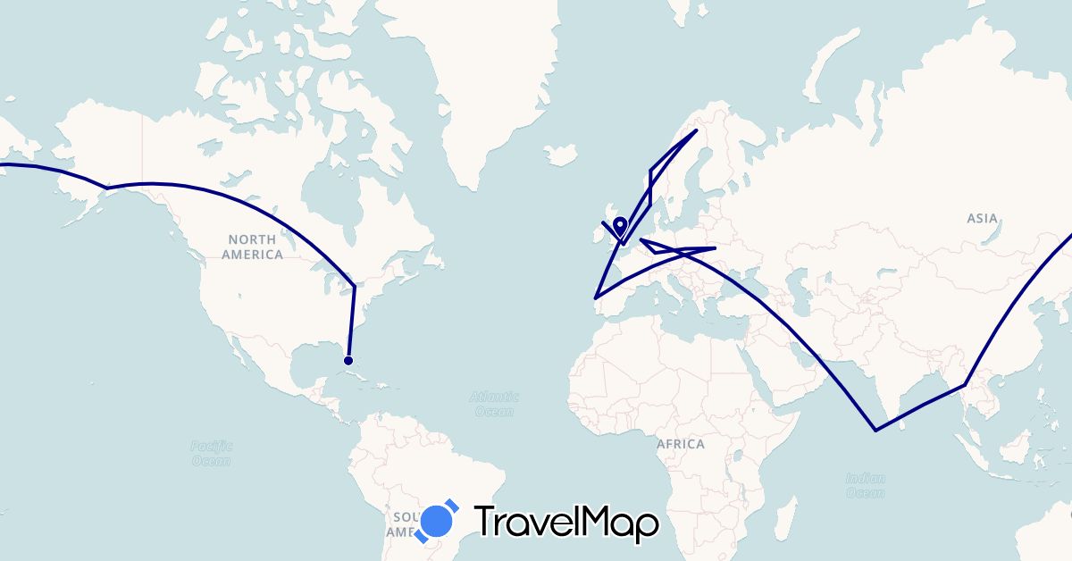 TravelMap itinerary: driving in Germany, United Kingdom, Maldives, Netherlands, Norway, Portugal, Sweden, Thailand, Ukraine, United States (Asia, Europe, North America)